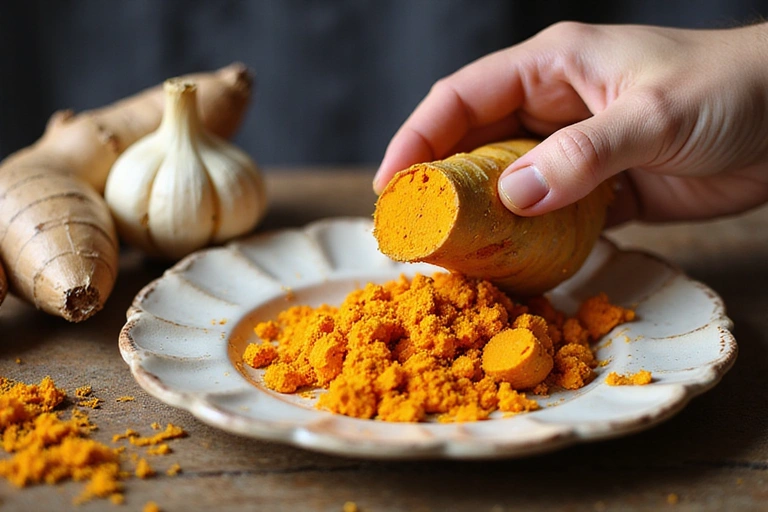 Un primer plano de una mano rallando cúrcuma fresca sobre un plato con jengibre, ajo y otras especias, enfatizando los ingredientes curativos.