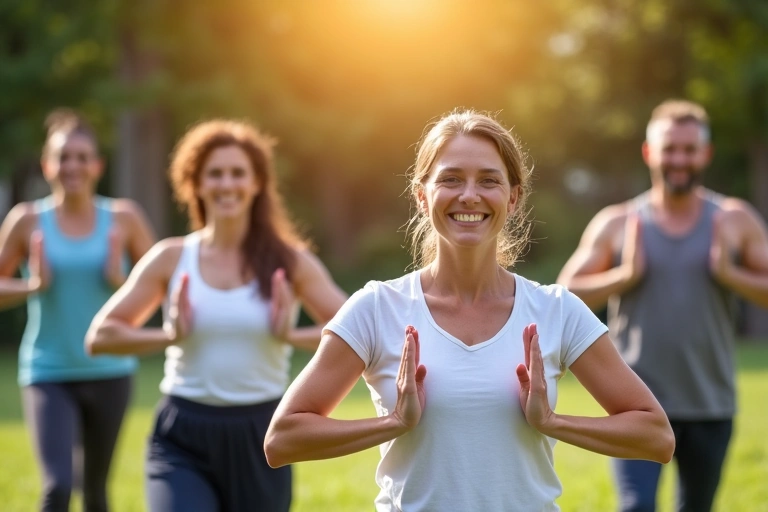 Un grupo de personas sonrientes haciendo yoga al aire libre en un parque soleado, enfatizando la salud holística.