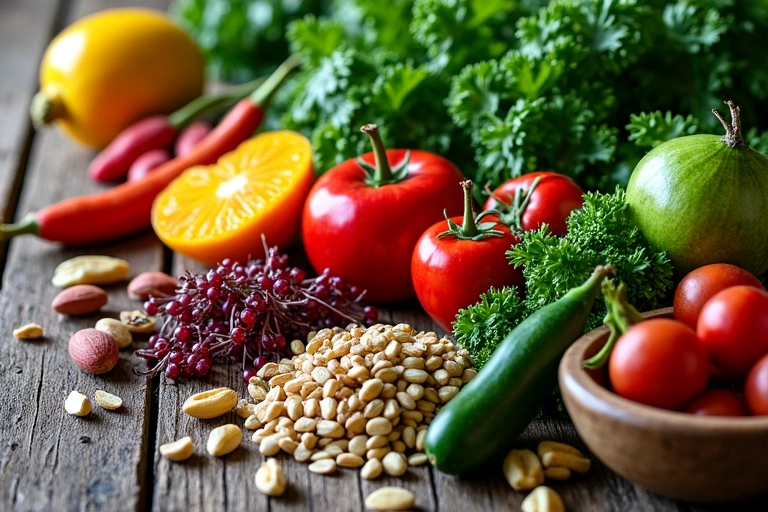 Una mesa rústica llena de alimentos frescos y vibrantes: frutas, verduras, nueces, semillas y hierbas aromáticas, que transmiten una sensación de abundancia y salud.