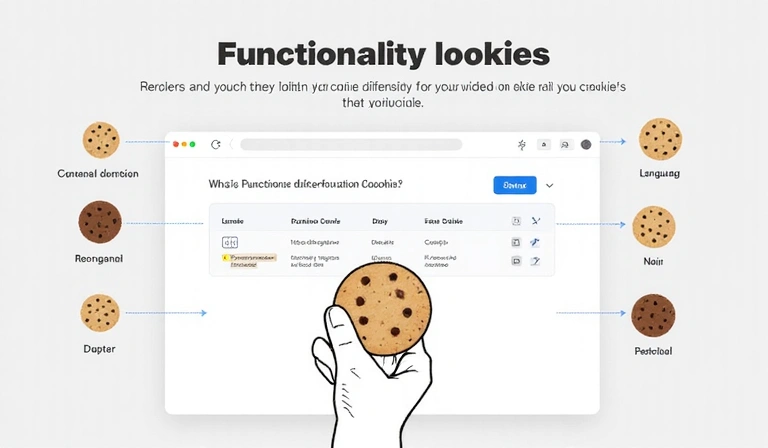 Ilustración de cookies de funcionalidad, mostrando un usuario interactuando con una interfaz personalizada.